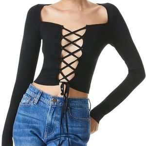 Alice + Olivia Hilaria black knit lace up top